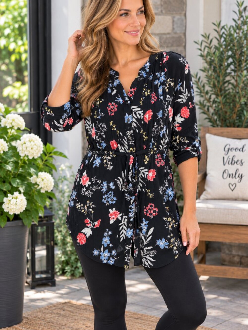 Black Floral Tunic Top